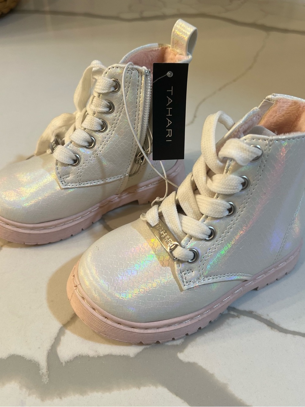 Tahari Kids Iridescent White Lace-Up Boots with Pink Soles